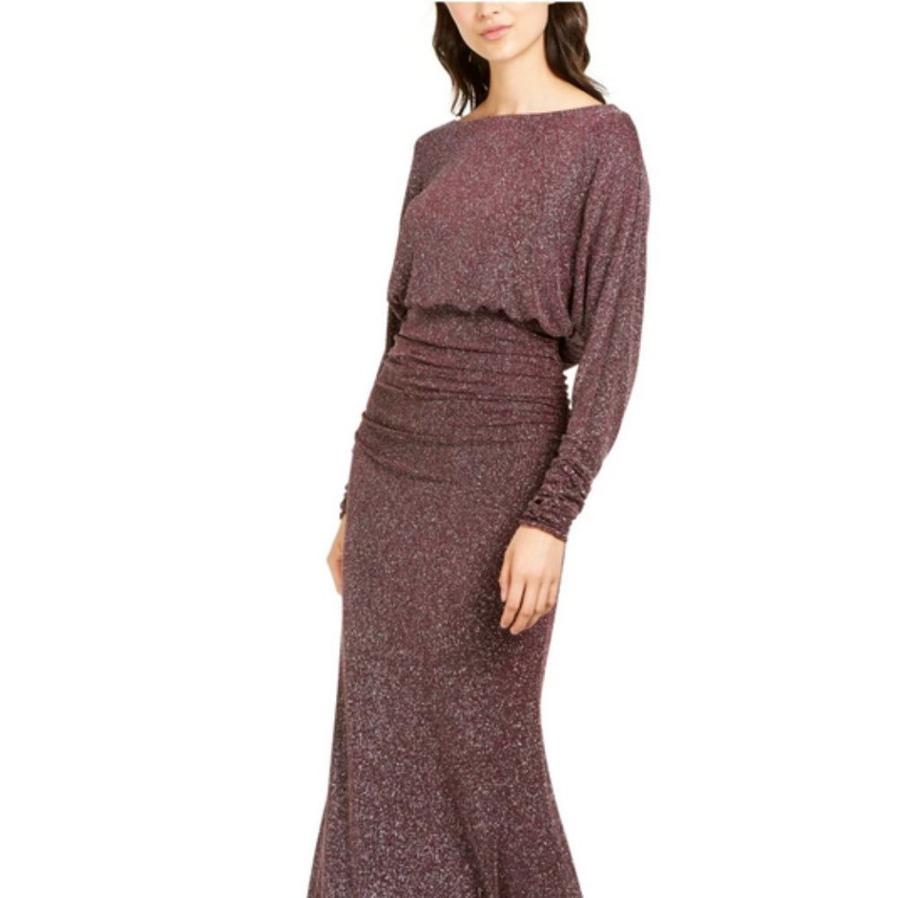 VINCE CAMUTO Womens Burgundy Glitter Long Sleeve Maxi Formal Blouson Dress 14